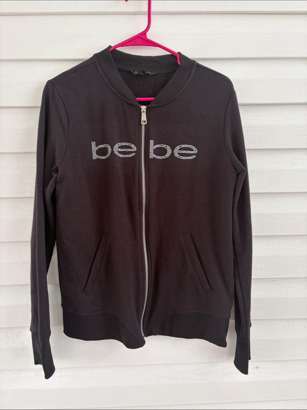 bebe Sport S Black Rhinestone Logo Zip Up Jacket Thumbholes Y2K 2000s